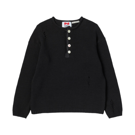 NV25SPKT01BK N ARCHIVE Archive Heavy Weight Cotton Damage Detail Henry Neck Knit Black