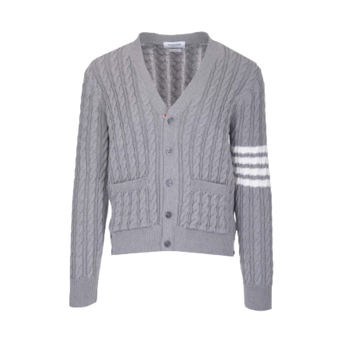 톰브라운 코튼 사선 케이블 니트 브이넥 가디건 라이트 그레이(Thom Browne Cotton 4-Bar Cable Knit V-Neck Cardigan Light Grey) - 1