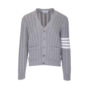 Thom Browne Cotton 4-Bar Cable Knit V-Neck Cardigan Light Grey
