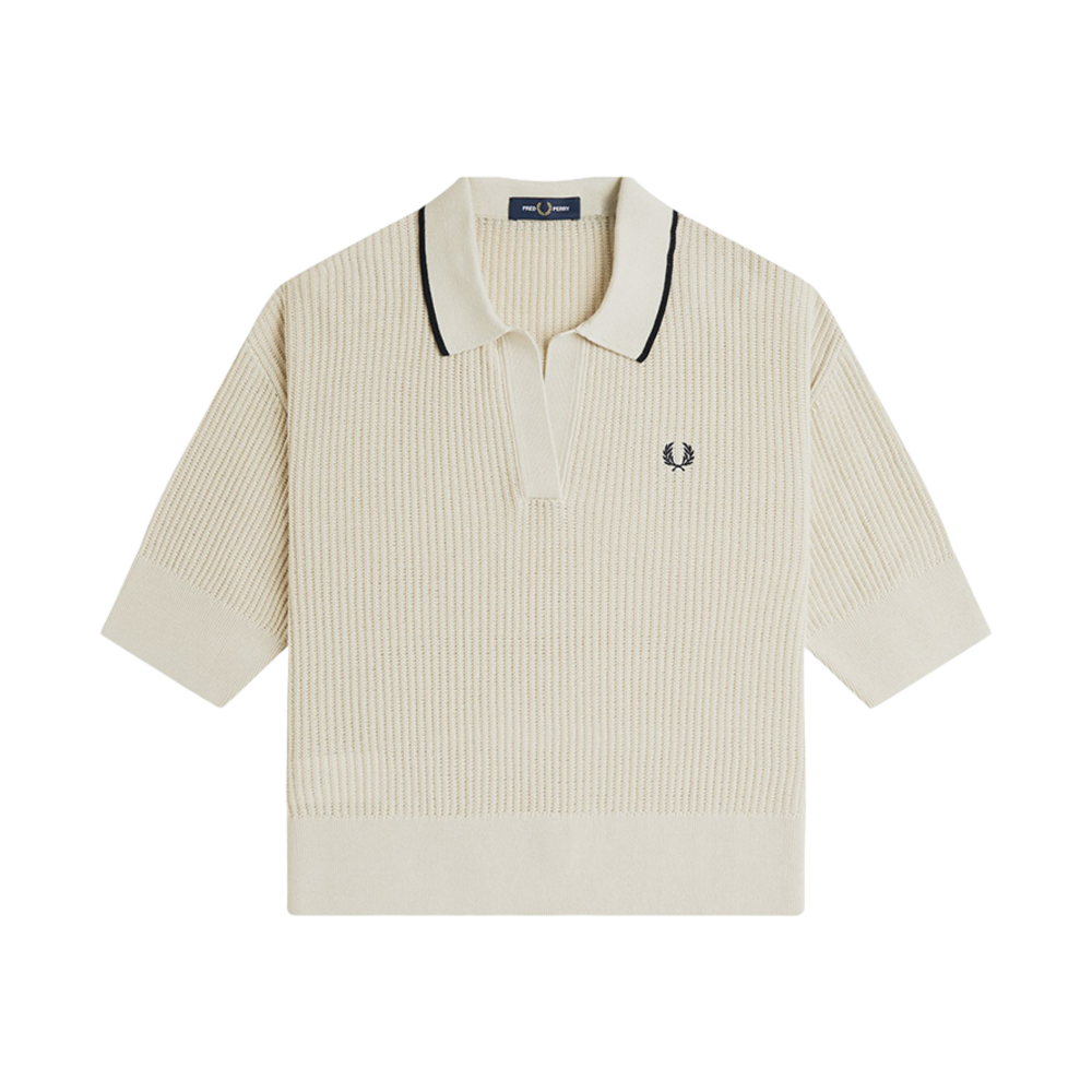 AFPF2519114-691 Fred Perry Womens Open-Collar Mesh Knit Shirt Oatmeal
