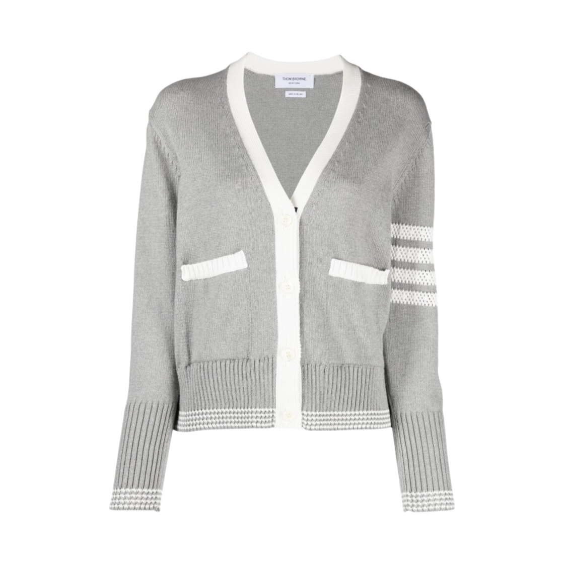 FKC568A-Y3017-055 (W) Thom Browne 4-Bar V-Neck Cardigan Grey