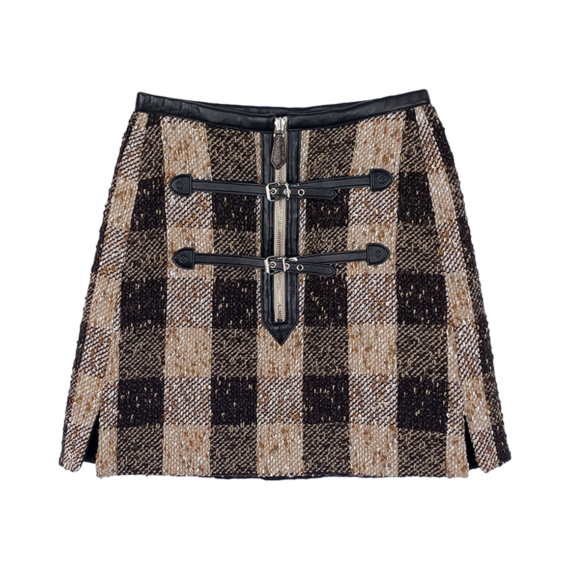 ITKDB4CUOQG7 Louis Vuitton Leather Accent Check Tweed Skirt Brown