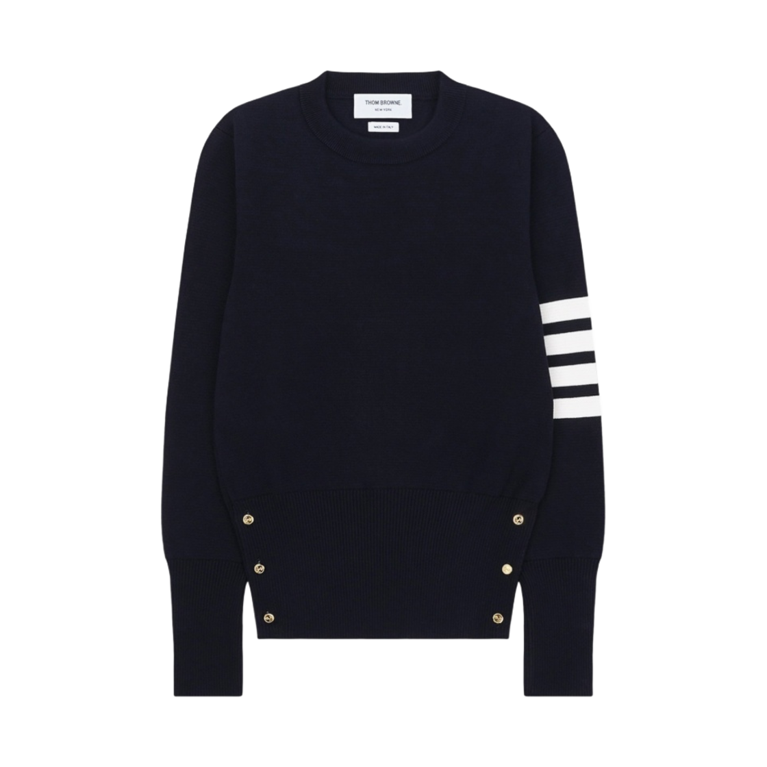 FKA239A-00219-415 (W) Thom Browne Cotton Crepe Milano Stitch Crewneck 4-Bar Pullover Navy