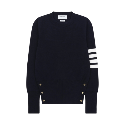(W) Thom Browne Cotton Crepe Milano Stitch Crewneck 4-Bar Pullover Navy