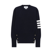 (W) Thom Browne Cotton Crepe Milano Stitch Crewneck 4-Bar Pullover Navy