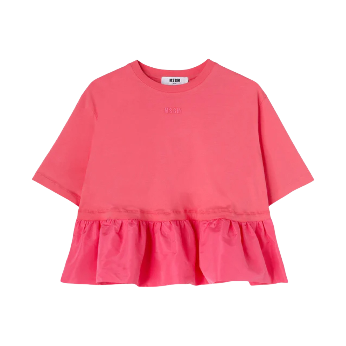 (W) 엠에스지엠 태피터 플라운스 코튼 크루넥 티셔츠 푸시아((W) MSGM Cotton Crewneck T-Shirt with Taffeta Flounce Fuchsia) - 1