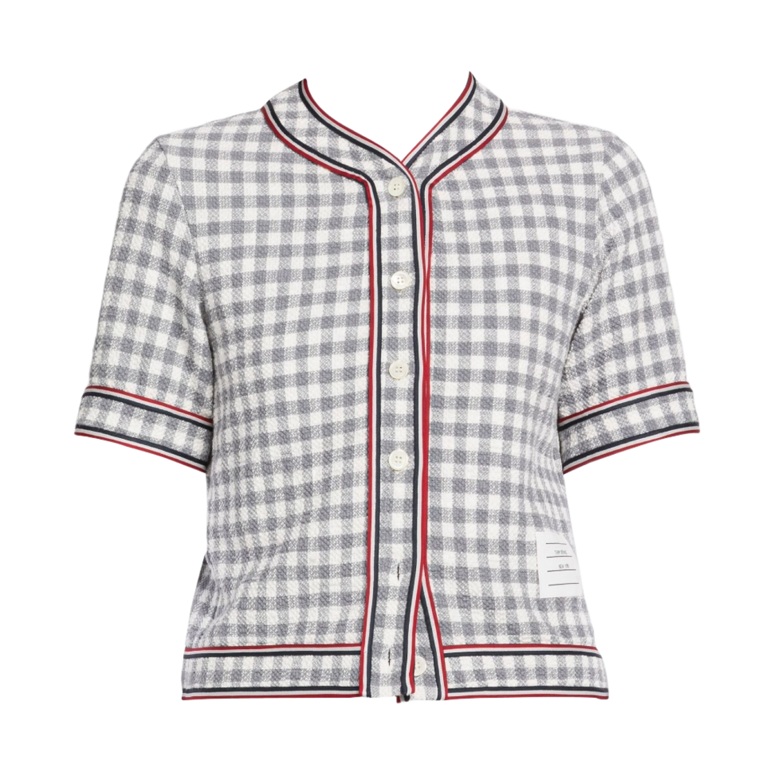 (W) 톰브라운 깅엄 스트라이프 트림 숏슬리브 가디건 미디움 그레이((W) Thom Browne Gingham Stripe Trim Short Sleeve Cardigan Medium Grey) - 1