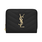Saint Laurent Cassandre Matelasse Compact Zip Around Wallet in Grain De Poudre Embossed Leather Black