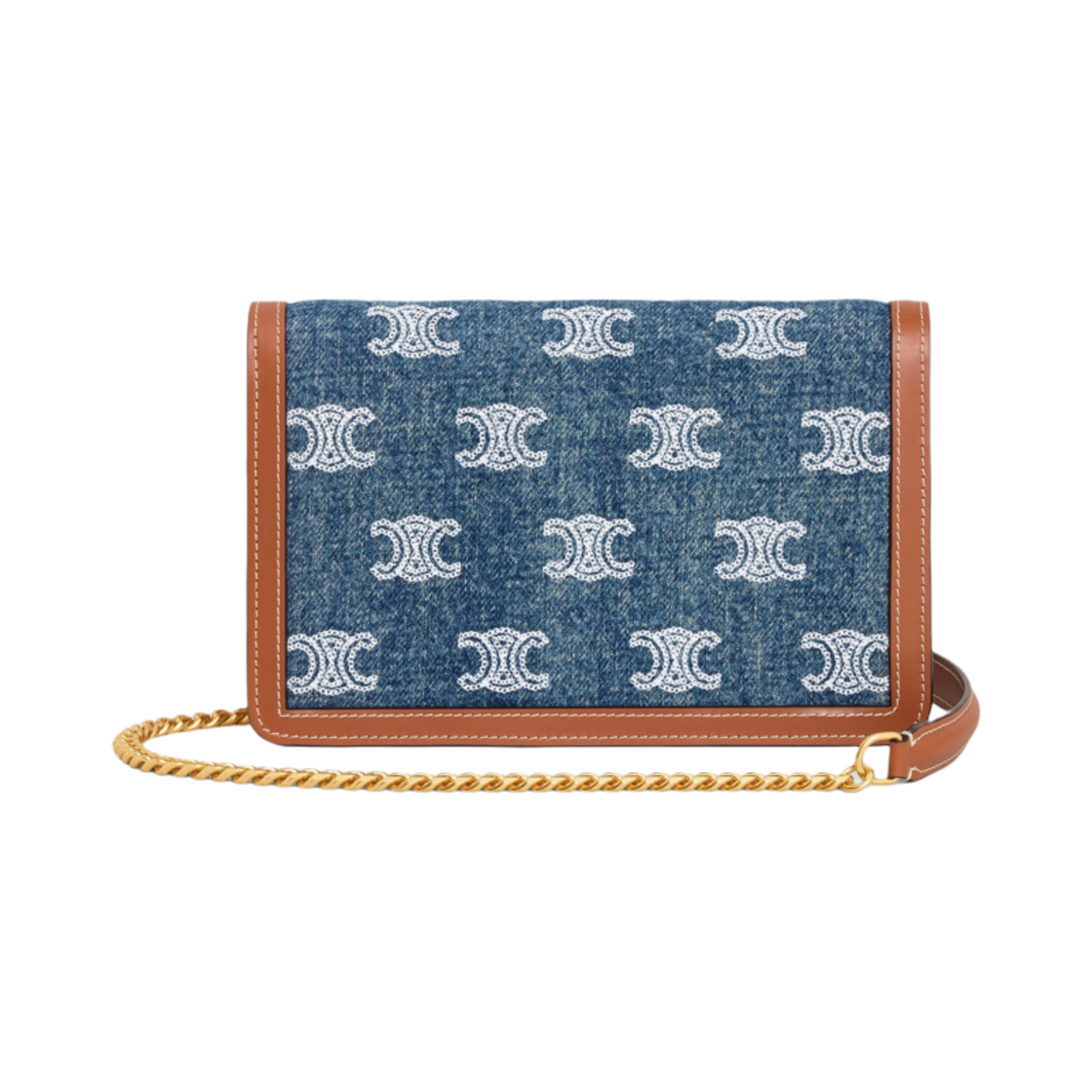 셀린느 월렛 온 체인 트리옹프 데님 트리옹프 올오버 자수 카프스킨 네이비 탄(Celine Wallet On Chain Triomphe in Denim with Triomphe All-Over Embroidery Calfskin Navy Tan) - 3