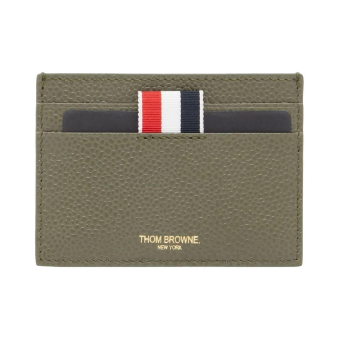 MAW020L-00198-320 Thom Browne Pebble Grain Leather Stripe Single Card Holder Dark Green