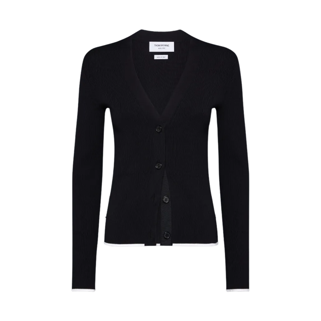 (W) 톰브라운 울 실크 블렌드 티핑 립 스티치 케이블 가디건 블랙((W) Thom Browne Wool Silk Blend Tipping Rib Stitch Cable Cardigan Black) - 1