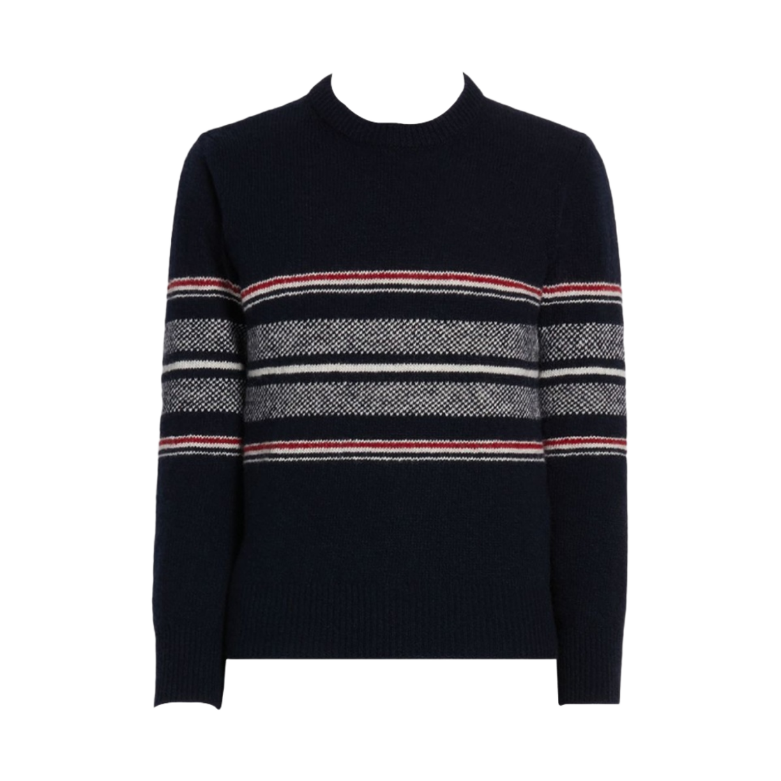 MKA330A-Y1502-415 Thom Browne Wool Mohair Tweed Jersey Birdseye Jacquard Cricket Stripe Relaxed Fit Crewneck Pullover Navy