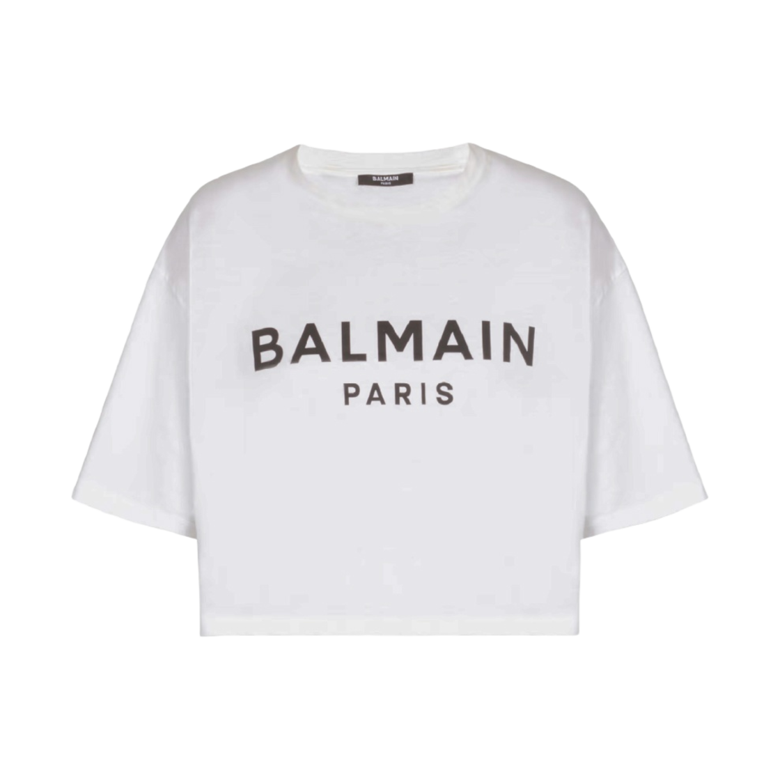 (W) 발망 로고 프린트 에코 리스폰시블 크롭 코튼 티셔츠 화이트((W) Balmain Eco Responsible Cropped Cotton T-Shirt with Logo Print White)