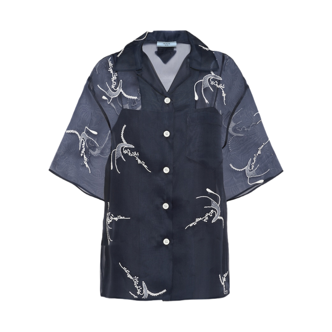 (W) 프라다 자수 올간자 셔츠 잉크 블루((W) Prada Embroidered Organza Shirt Ink Blue)