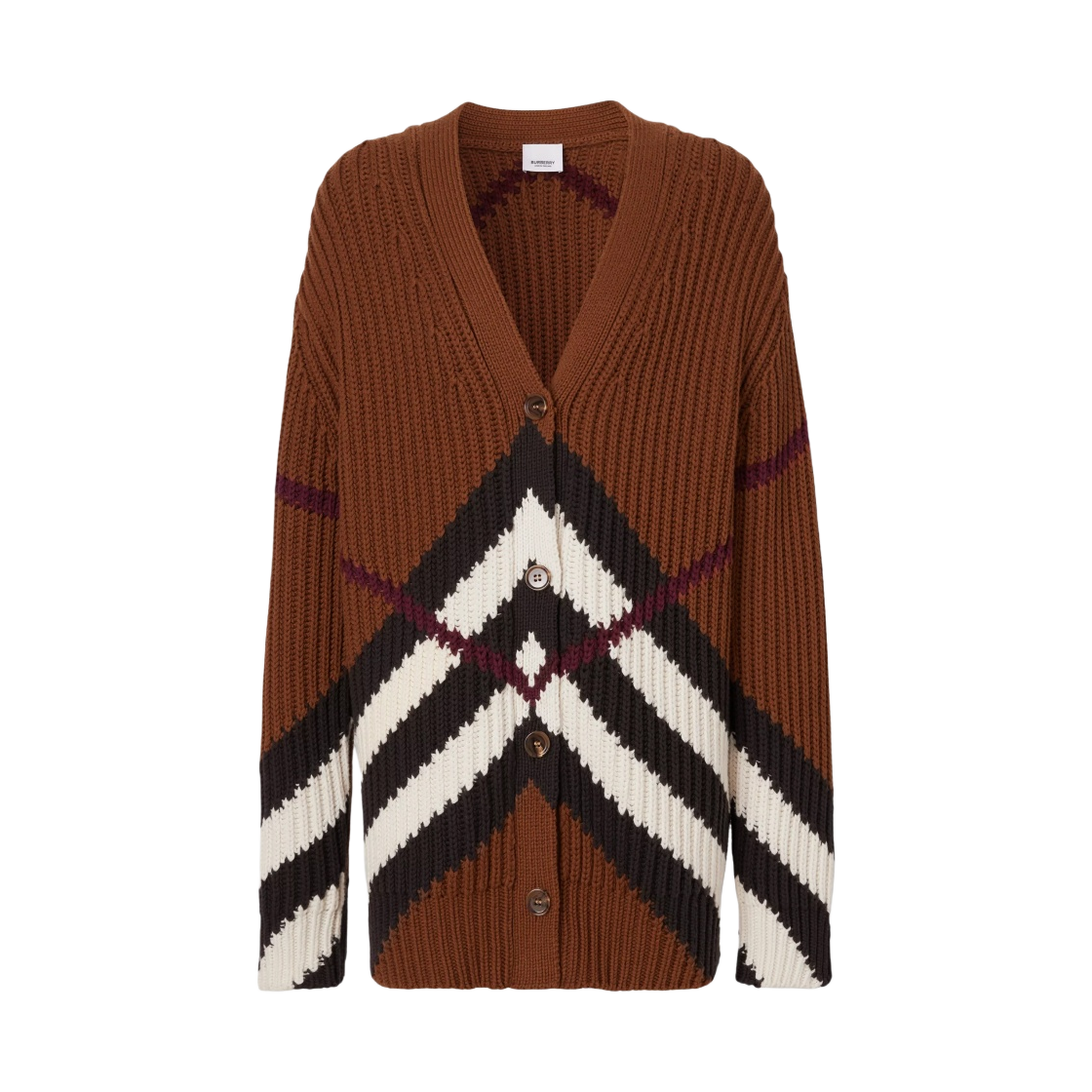(W) 버버리 쉐브론 체크 캐시미어 코튼 가디건 다크 버치 브라운((W) Burberry Chevron Check Cashmere Cotton Cardigan Dark Birch Brown) - 1