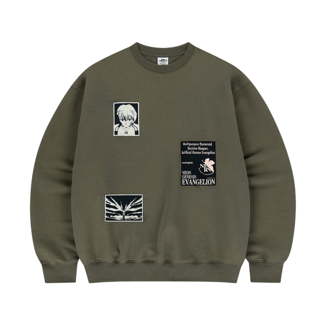 마하그리드 x 에반게리온 에바 패치워크 스웨트셔츠 카키(Mahagrid x Evangelion Eva Patchwork Sweatshirt Khaki)