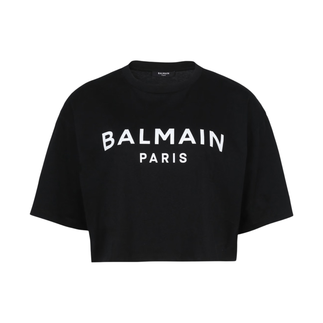 (W) 발망 로고 프린트 에코 리스폰시블 크롭 코튼 티셔츠 블랙((W) Balmain Eco Responsible Cropped Cotton T-Shirt with Logo Print Black) - 1