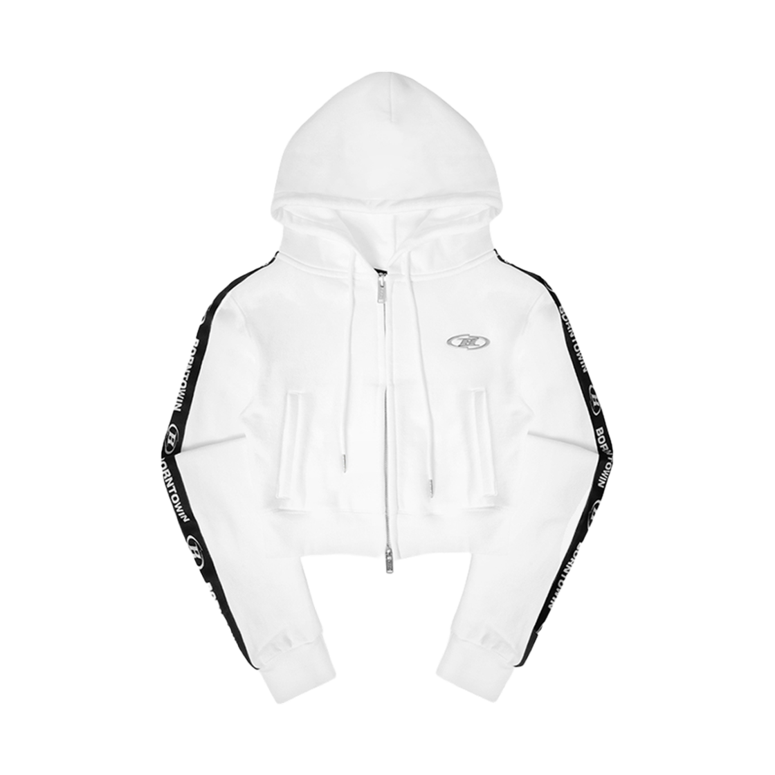 본투윈 크롬 B 블랙 라인 크롭 집업 후드 화이트