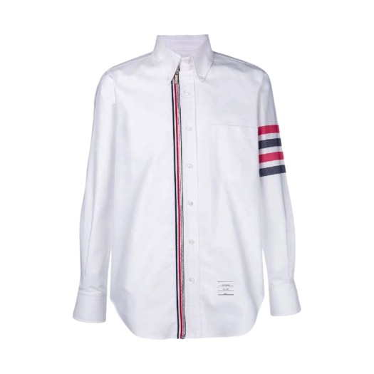 Thom Browne Woven 4-Bar Solid Oxford Zip Front Button Down Long Sleeve Shirt Multicolor