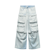 (W) Zara ZW Mid-Rise Baggy Cargo Jeans Light Blue