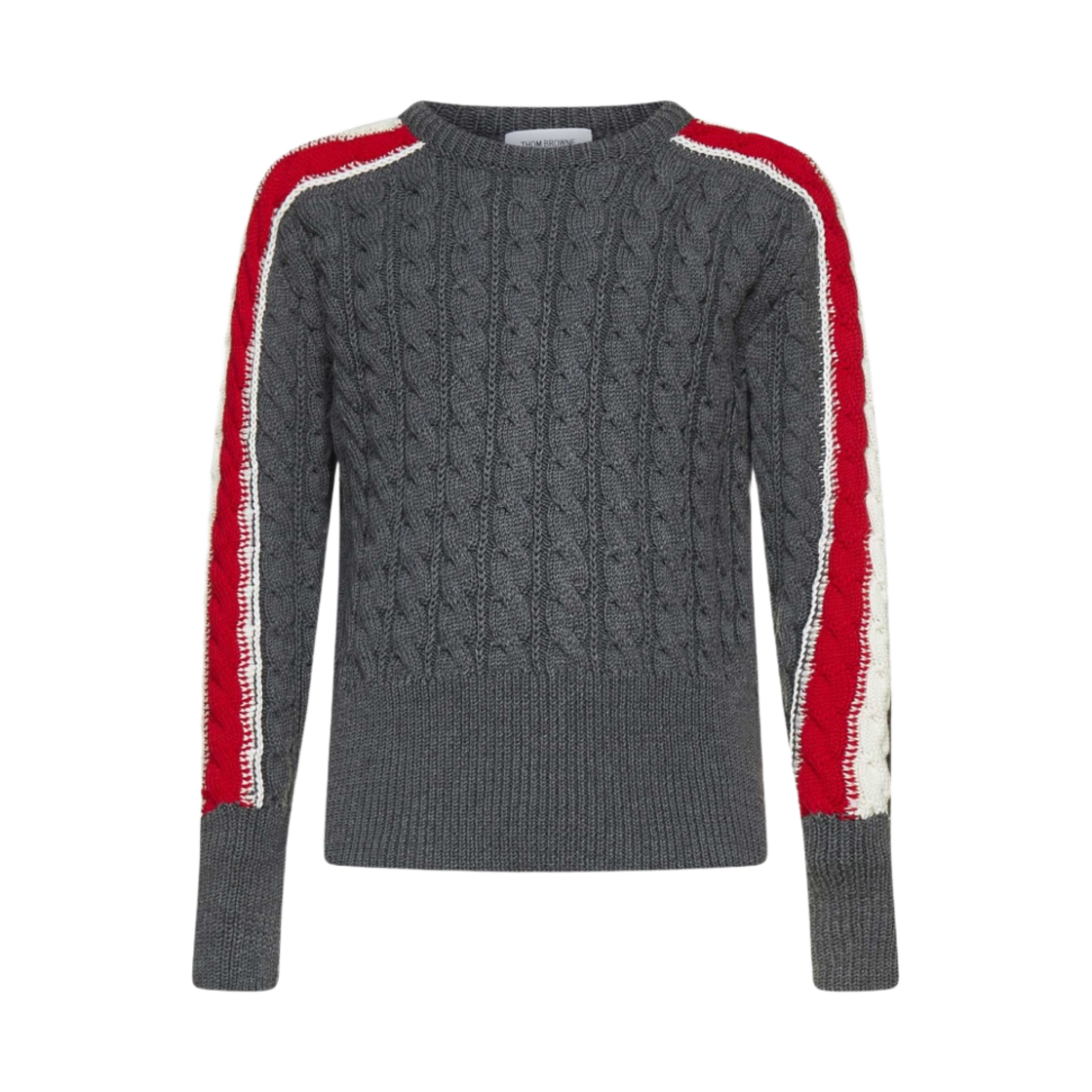 톰브라운 사이드 RWB 케이블 스티치 메리노 울 스트라이프 풀오버 니트 미디움 그레이(Thom Browne Side RWB Cable Stitch Merino Wool Stripe Pullover Knit Medium Grey) - 1