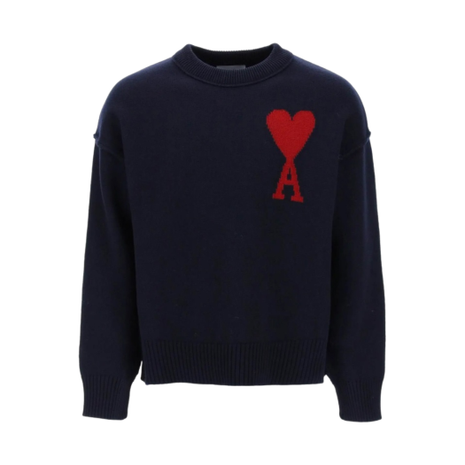 AMI De Coeur Felted Merino Wool Sweater Night Blue Red