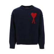 AMI De Coeur Felted Merino Wool Sweater Night Blue Red
