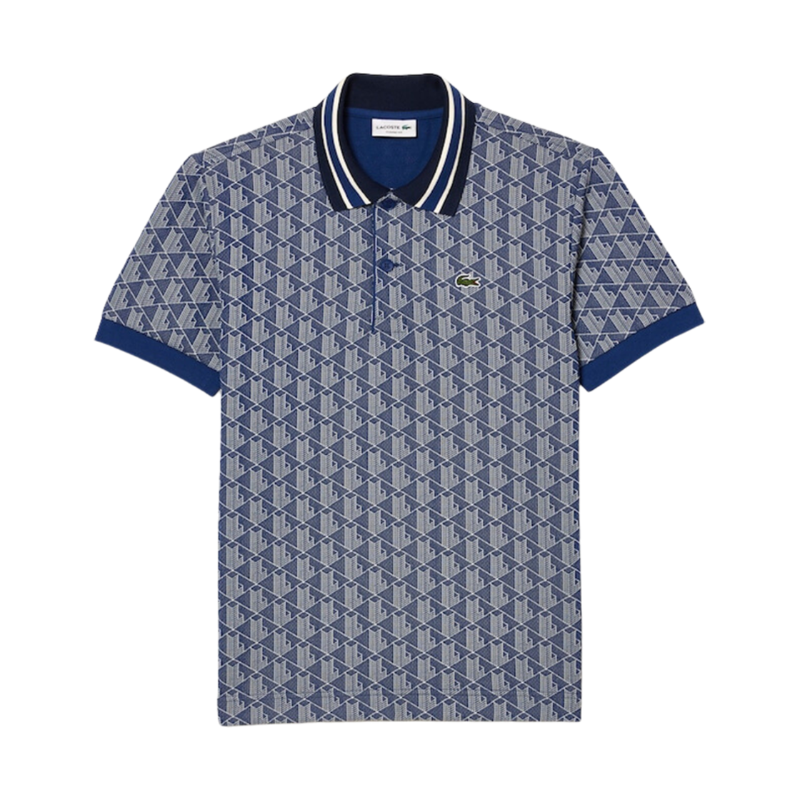 라코스테 스트라이프 칼라 모노그램 자카드 폴로 네이비 블루 화이트(Lacoste Stripe Collar Monogram Jacquard Polo Navy Blue White) - 1