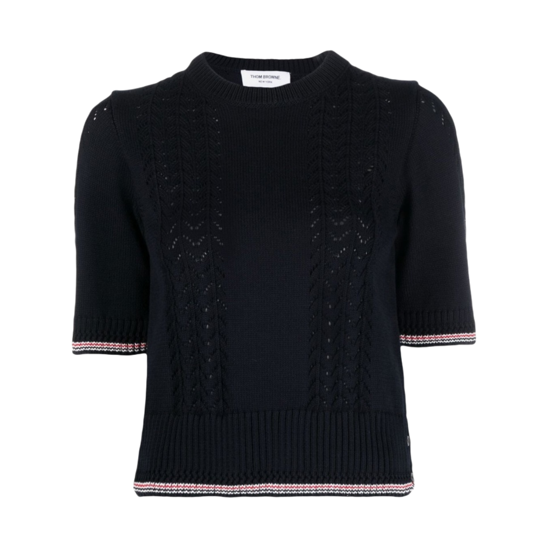 (W) 톰브라운 코튼 포인텔 티핑 티셔츠 네이비((W) Thom Browne Cotton Pointelle Tipping T-Shirt Navy) - 1