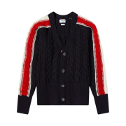 Thom Browne Cable Stitch Merino Wool Stripe Sleeve V-Neck Cardigan Navy