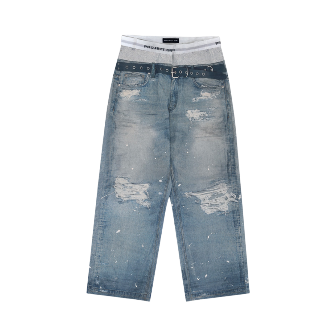 PG24FWMB02BL Project G/R Trompe-LโOeil Denim Printed Pants Blue