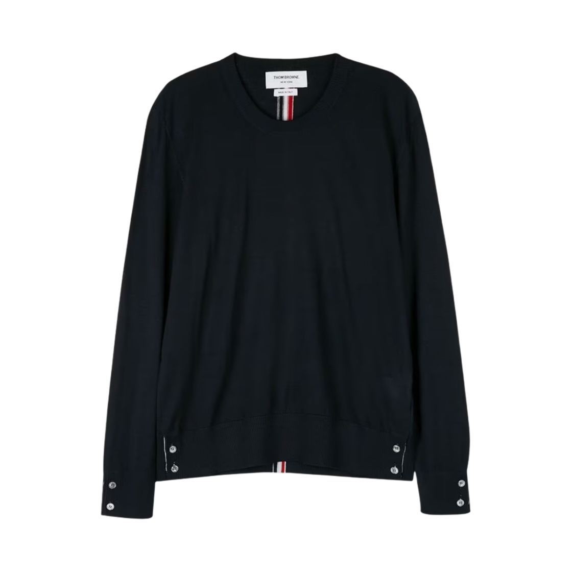 MKA279A-00014-415 Thom Browne Center Back RWB Intarsia Stripe Classic Crewneck Pullover in Fine Merino Wool Navy