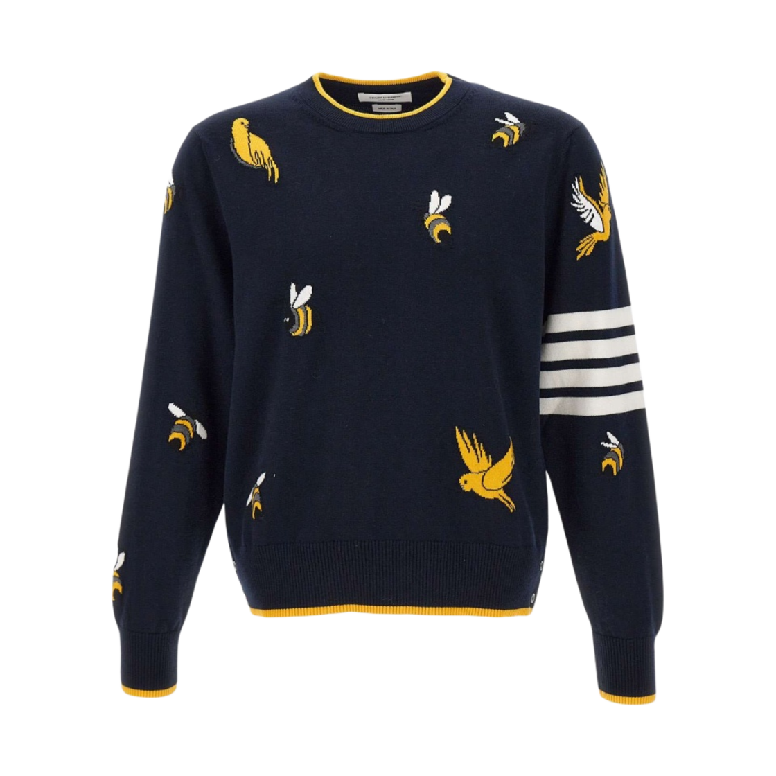 톰브라운 코튼 멜리노 버드 & 비 인타르시아 사선 크루넥 풀오버 네이비(Thom Browne Cotton Merino Birds & Bees Intrasia 4-Bar Crew Neck Pullover Navy) - 1