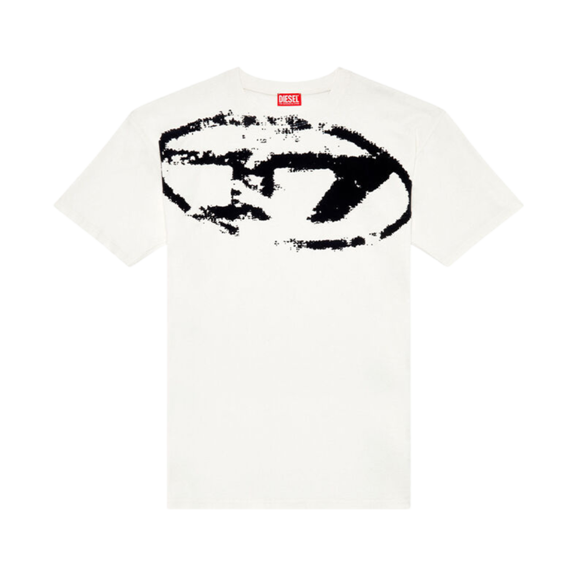 디젤 티셔츠 디스트레스드 플록 로고 화이트 블랙(Diesel T-Shirt with Distressed Flocked Logo White Black)
