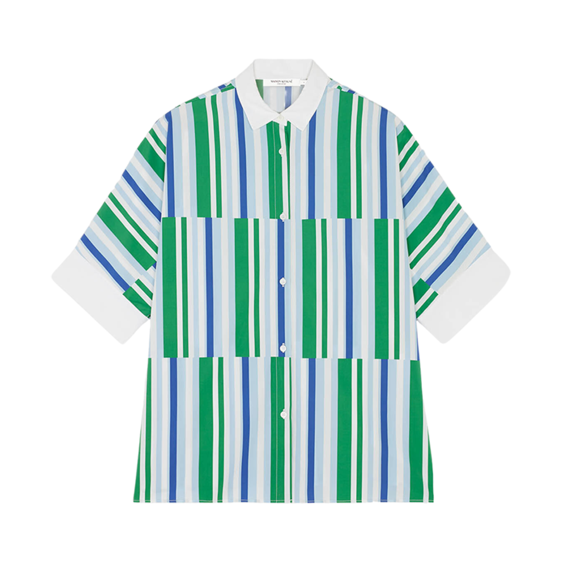 (W) 메종 키츠네 박시 셔츠 블루 그린 스트라이프((W) Maison Kitsune Boxy Shirt Blue Green Stripes) - 1