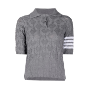 (W) Thom Browne Fan Cable Short Sleeve 4-Bar Polo in Cotton Light Grey