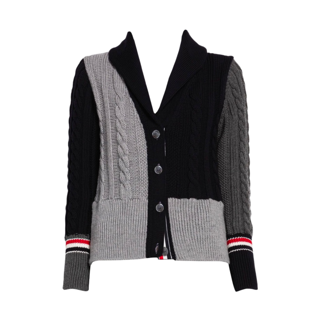 (W) 톰브라운 펀믹스 아이리쉬 케이블 메리노 숄 칼라 가디건 네이비((W) Thom Browne Fun-Mix Irish Cable Merino Shawl Collar Cardigan Navy) - 1