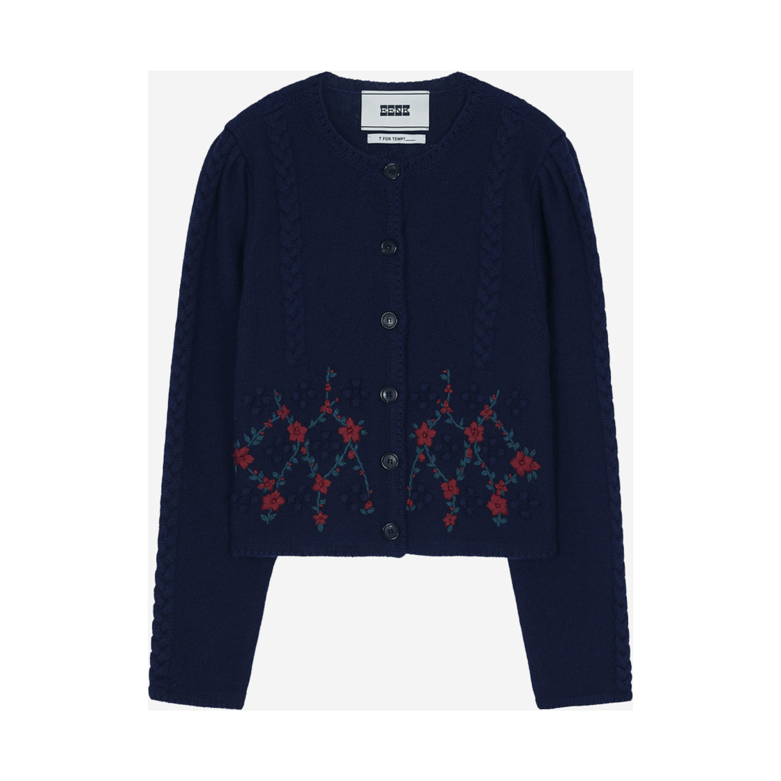 EET-1L453-CD08-NV EENK Titi Floral Pattern Puff Sleeve Knit Cardigan Navy - 대표 이미지 #1