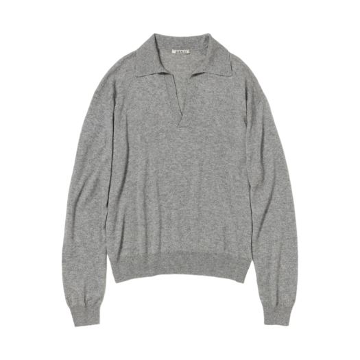 Auralee Super Fine Cashmere Silk Knit Skipper Polo Top Gray