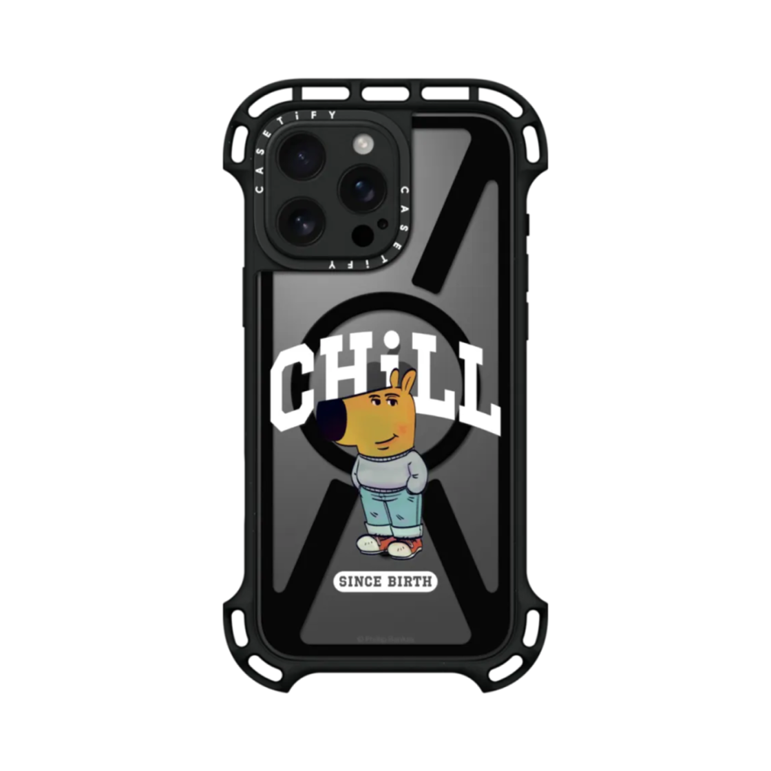 케이스티파이 x 칠 가이 아이폰 칠 신스 버쓰 화이트 텍스트 맥세이프 호환 울트라 바운스 케이스 블랙(Casetify x Chill Guy iPhone Chill Since Birth White Text Magsafe Ultra Bounce Case Black) - 2