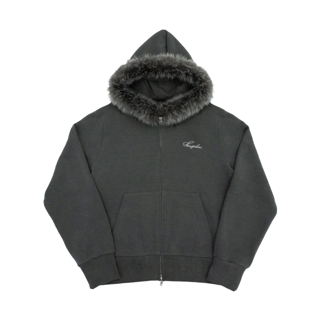 [KREAM 단독 / 프리오더] 펑쉐이 스몰 로고 퍼 후드 집업 자켓 차콜([KREAM 단독 / 프리오더] FENGSHUI Small Logo Fur Hood Zip-Up Jacket Charcoal)