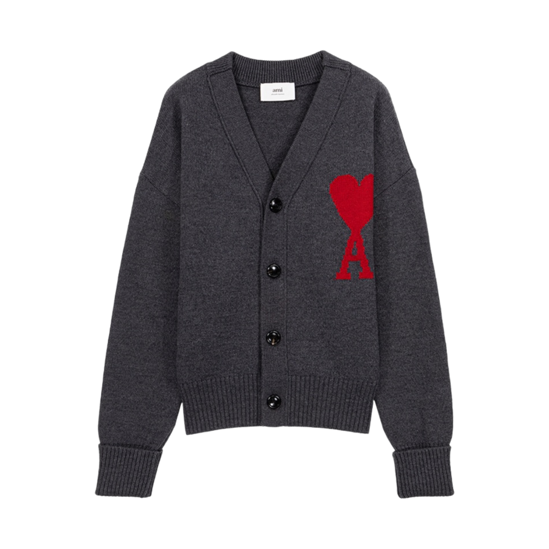 아미 빅 하트 로고 오버사이즈 인타르시아 가디건 그레이 레드(AMI de Coeur Oversize Intarsia Cardigan Grey Red)