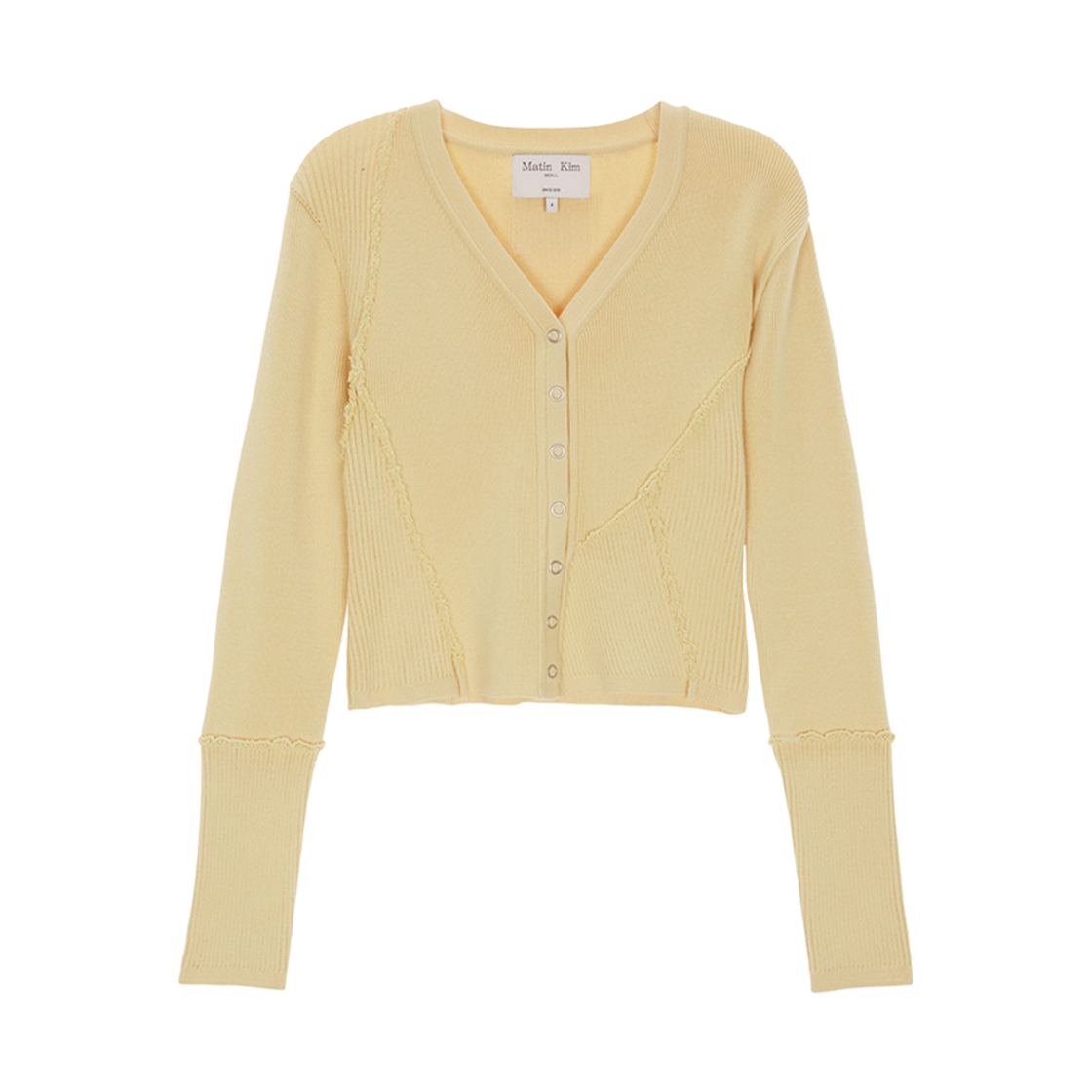 (W) 마뗑킴 컷아웃 디테일드 니트 가디건 라이트 옐로우((W) Matin Kim Cut Out Detailed Knit Cardigan Light Yellow) - 1