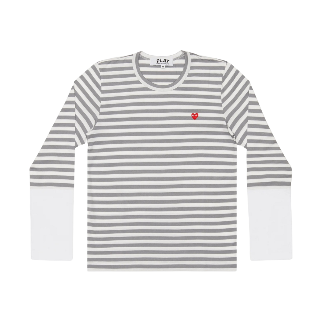 플레이 꼼데가르송 리틀 레드 하트 스트라이프 롱슬리브 티셔츠 그레이 화이트(Play Comme des Garcons Little Red Heart Striped LS T-Shirt Grey White)