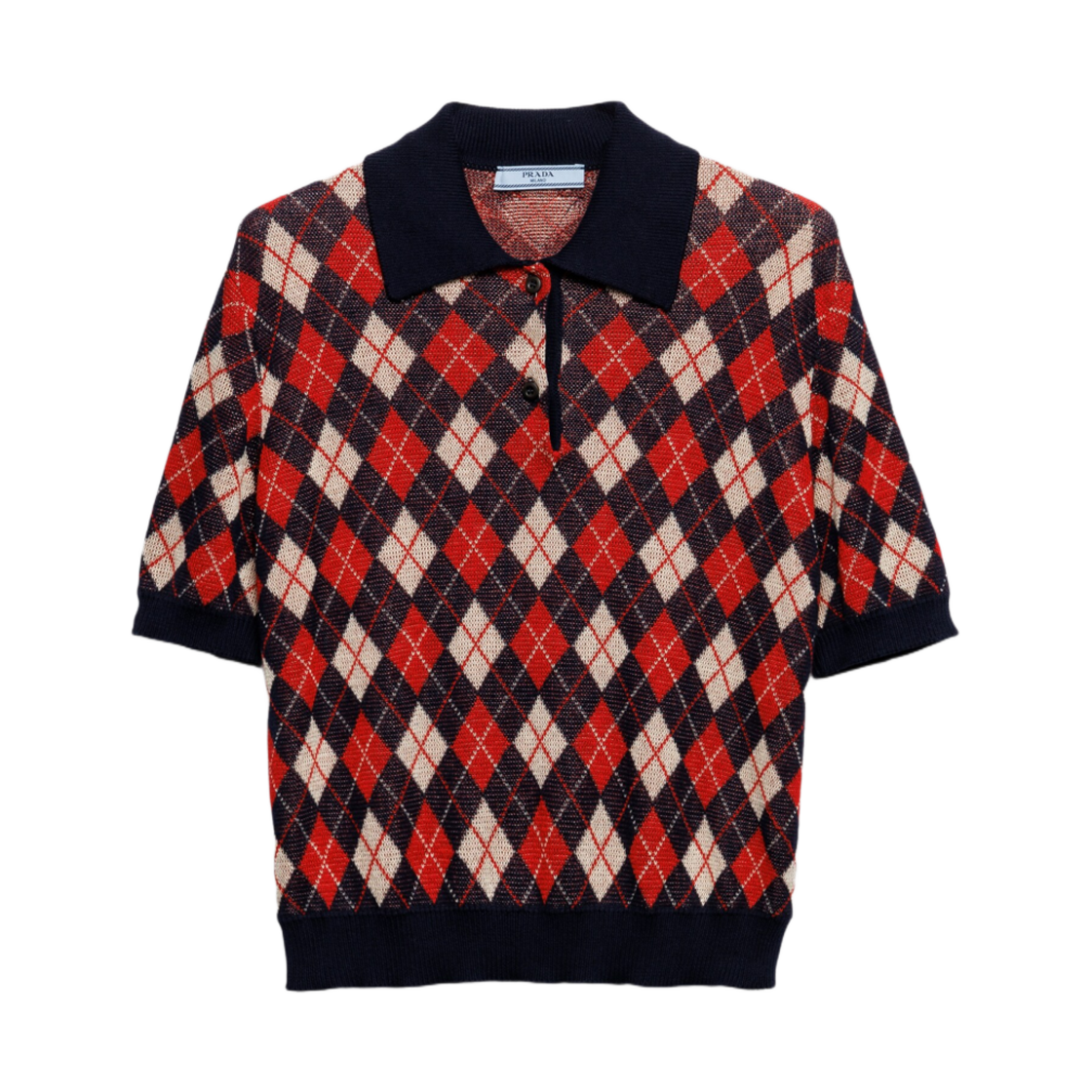 (W) 프라다 아가일 니트 코튼 폴로 셔츠 네이비((W) Prada Argyle Knit Cotton Polo Shirt Navy) - 1