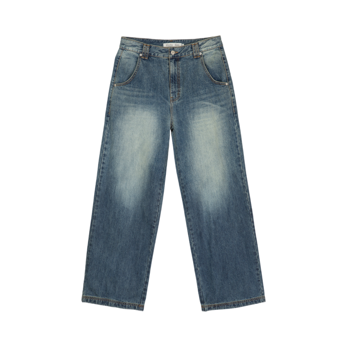 MK249ODN333MBL Matin Kim x Peaches Coating Washed Denim Pants Blue