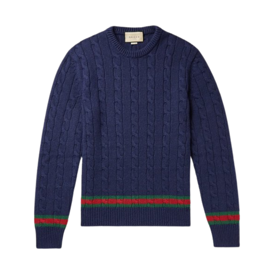 673489-XKB2N-4684 Gucci Stripe Trim Cable Knit Cashmere Jumper Blue