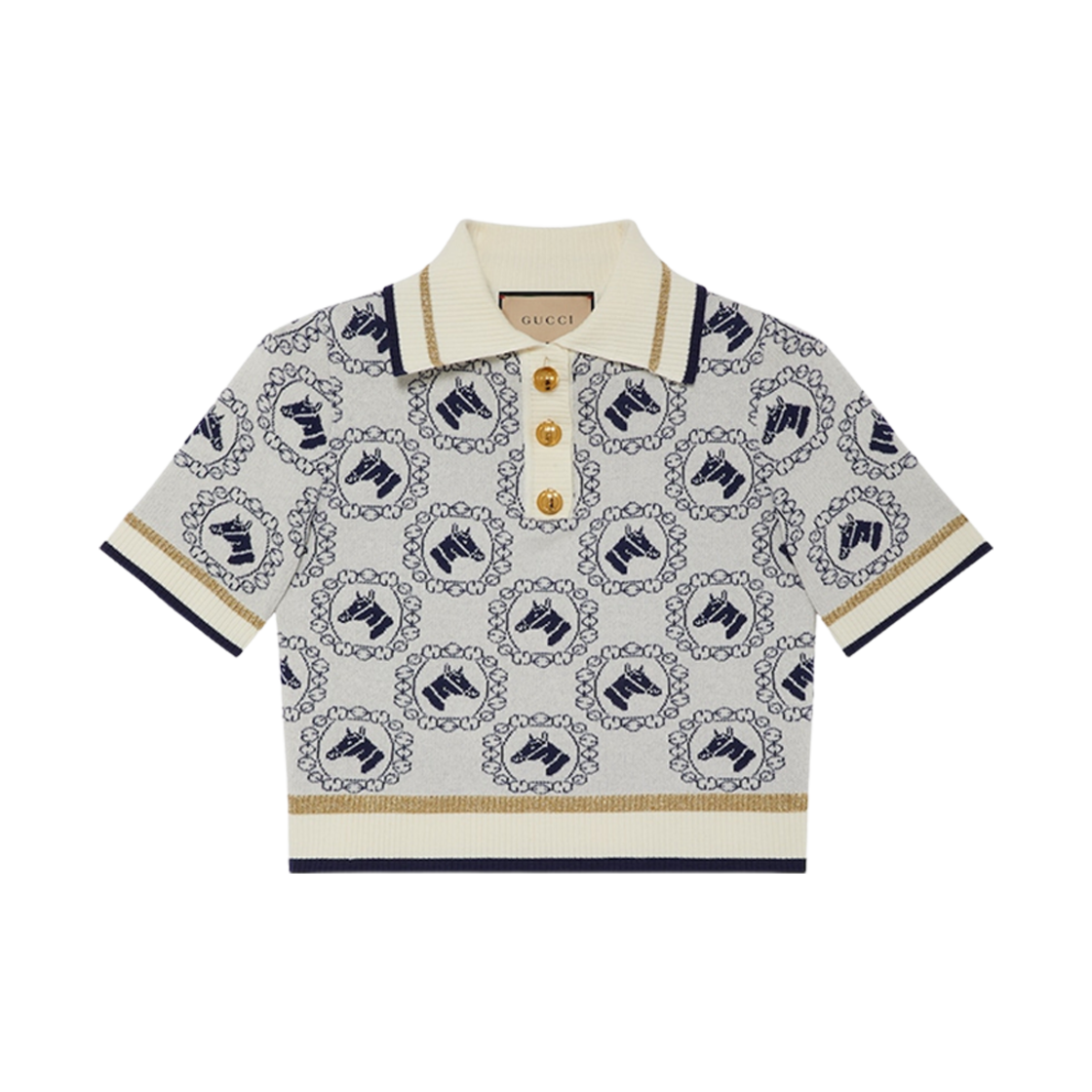(W) 구찌 에퀘스트리안 코튼 자카드 폴로 탑 화이트 블루((W) Gucci Equestrian Cotton Jacquard Polo Top White Blue) - 1