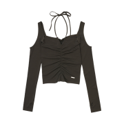 (W) Bohemian Seoul Shirring Halter Warmer T-Shirt Khaki Brown