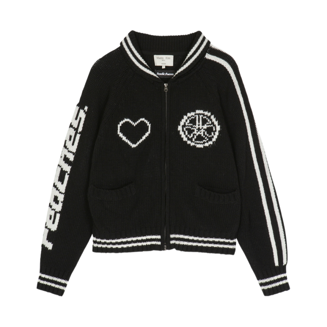 (W) 마뗑킴 x 피치스 자카드 그래픽 니트 집업 블랙((W) Matin Kim x Peaches Jacquard Graphic Knit Zip Up Black)